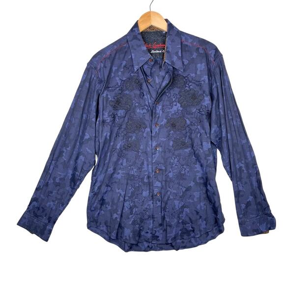 Robert Graham Blue Camo Floral Applique Button Up Shirt Men's size large - Picture 1 of 10